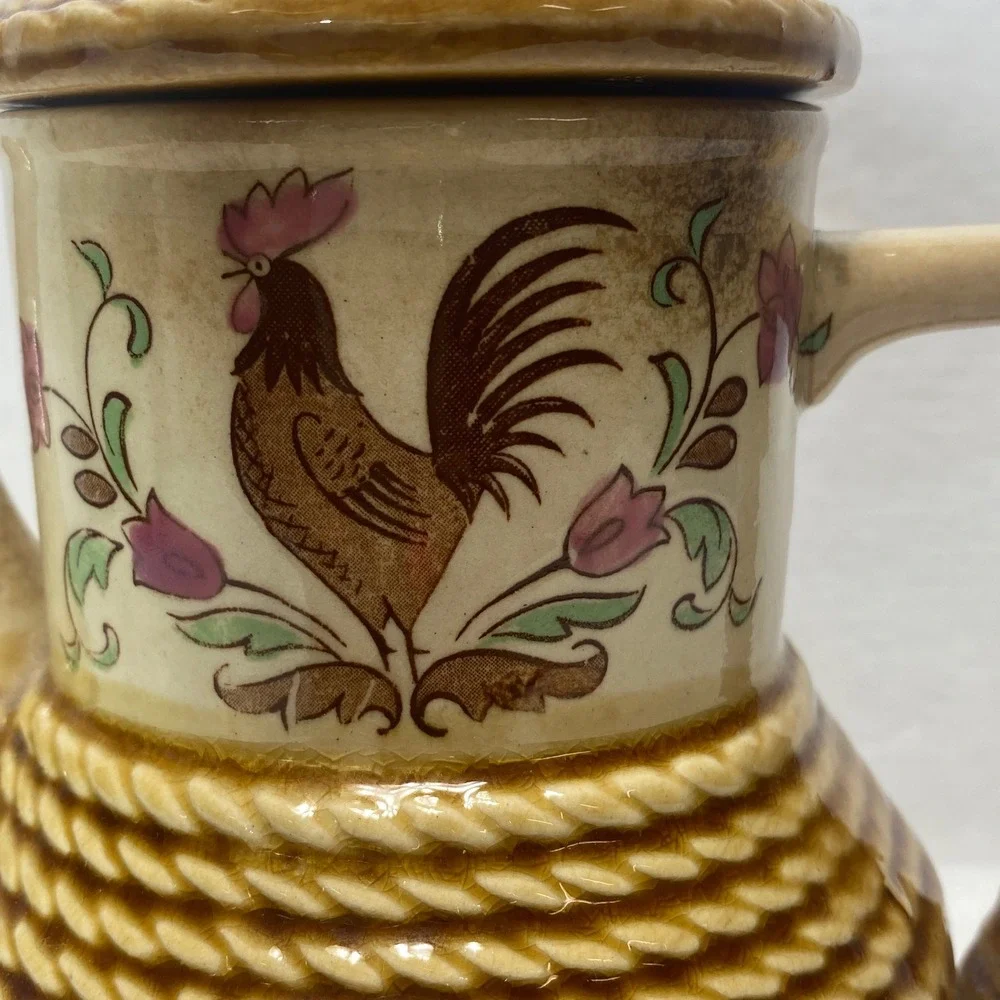 Vintage‎ Tilso Japan Hand Painted Tea Coffee Pot Rooster Farmhouse Rope Design